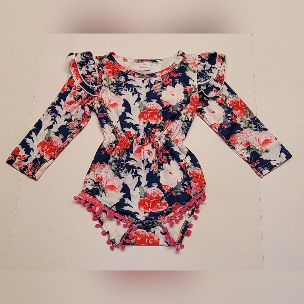 Floral Long Sleeve Romper with Pom Pom Trim